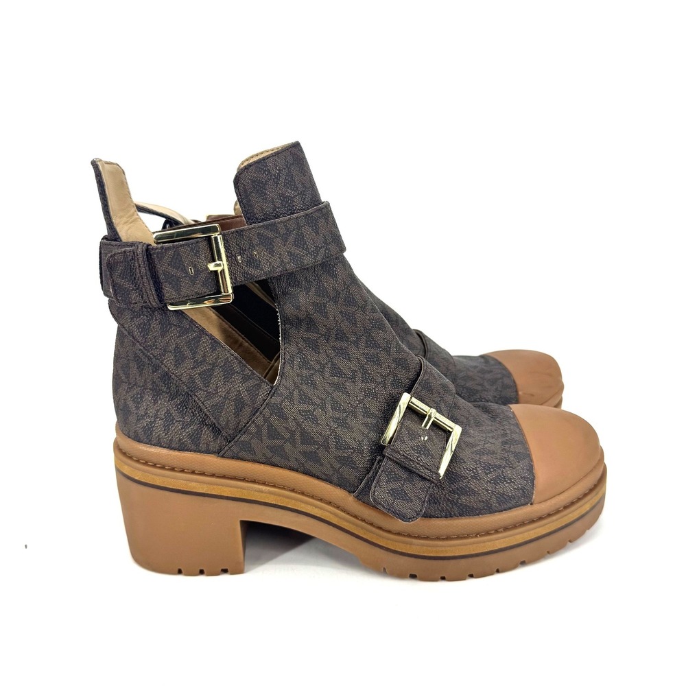 Michael Kors Brown Logo Cutout Buckle Platform Ankle Boots - Picture 2 of 7